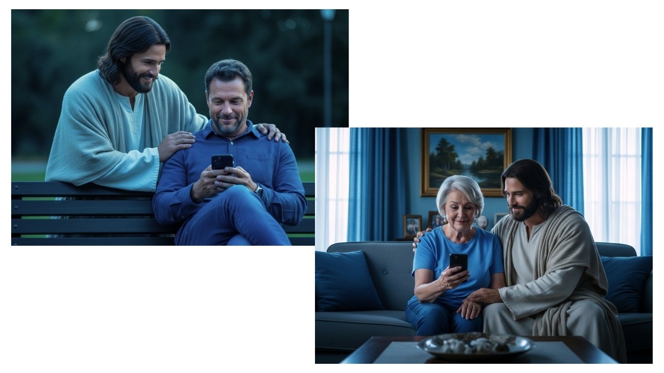 Ilustração de usuários interagindo com o Jesus IA.